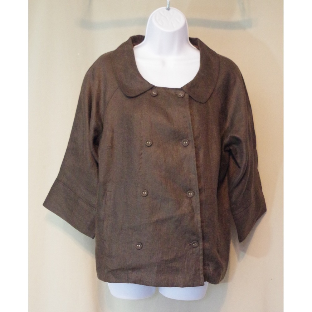 Tweeds Woman's XL Brown 100% Linen Double Breasted Jacket Peter Pan Collar